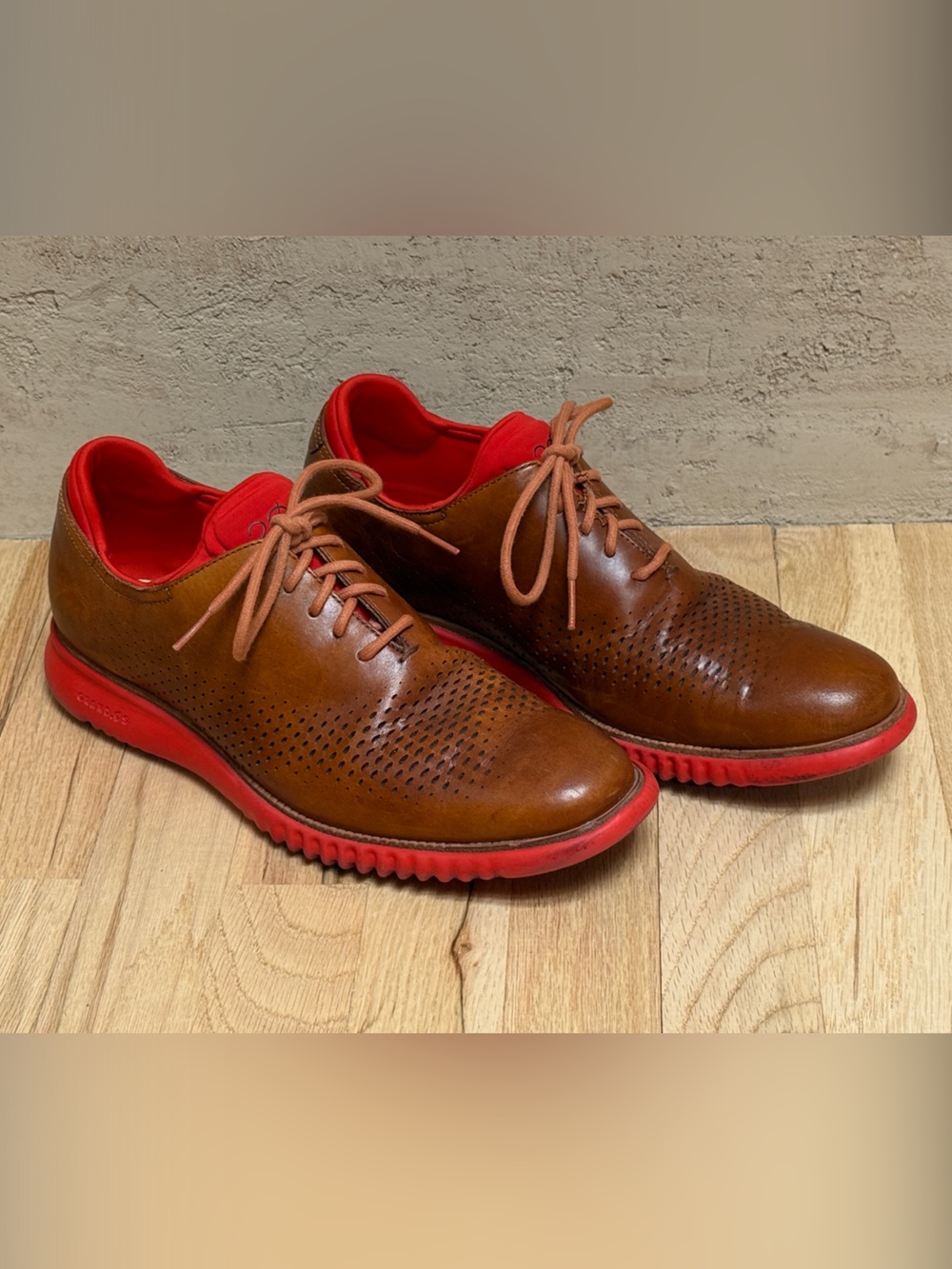 Cole Haan 2.ZERØGRAND Brown Leather Laser Wingtip Oxfords with Red Sole - Picture 2 of 4